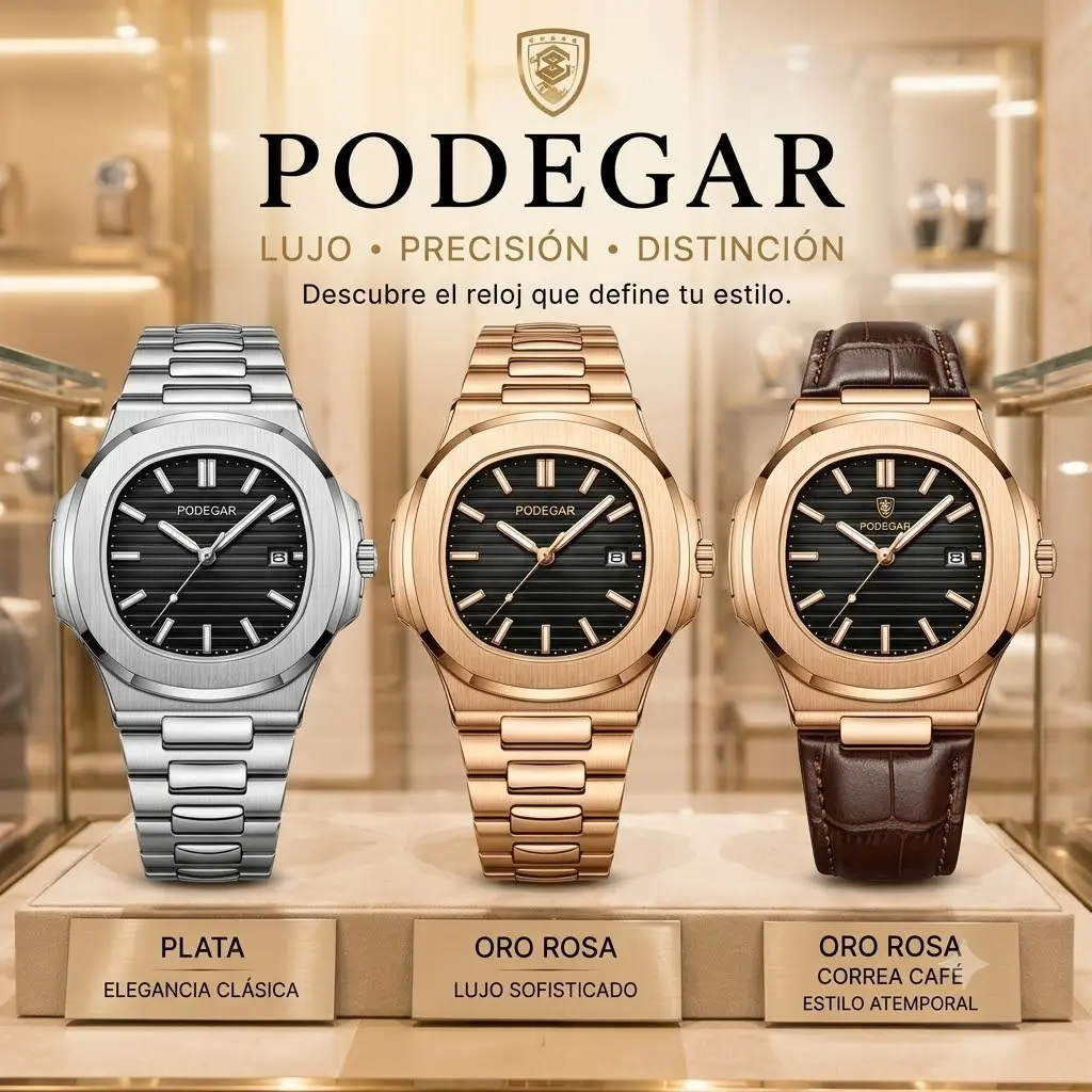 Tres relojes Podegar para hombre con caja octagonal y esfera negra: en plata, oro rosa metálico y oro rosa con correa de cuero marrón.