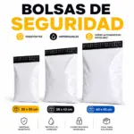 Tres bolsas de seguridad blancas de polietileno con cierre adhesivo inviolable en tamaños de 20x30, 28x42 y 40x55 cm para envíos postales protegidos.