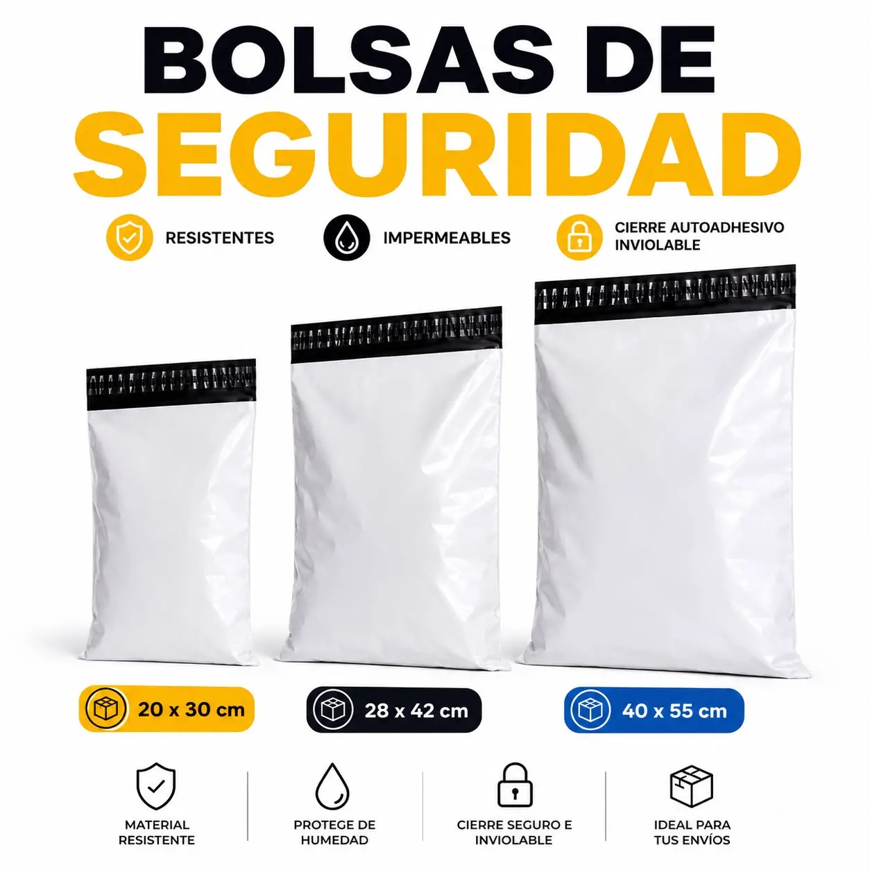 Tres bolsas de seguridad blancas de polietileno con cierre adhesivo inviolable en tamaños de 20x30, 28x42 y 40x55 cm para envíos postales protegidos.