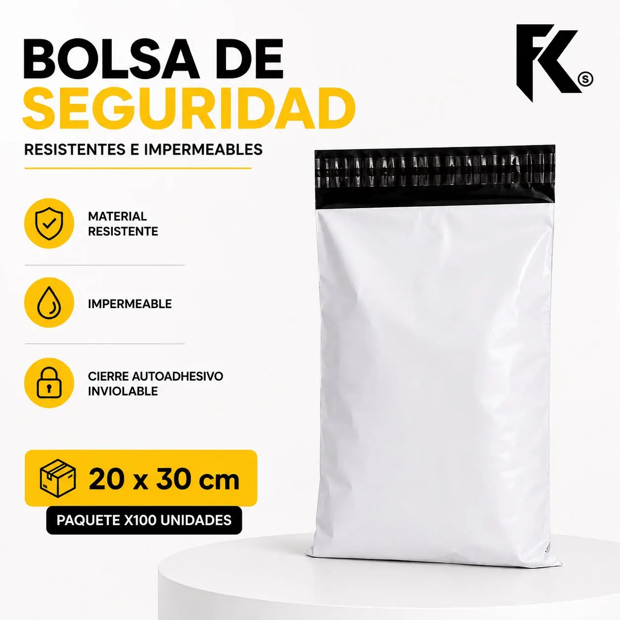 Bolsa de seguridad blanca de 20x30 cm con cierre adhesivo inviolable sobre base circular para envíos postales