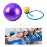 Pelota de yoga morada de 75 cm con bomba infladora amarilla y azul, y personas realizando ejercicios de escultura corporal.