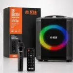 Parlante portátil negro STA de 6.5 pulgadas con aro LED multicolor, micrófono, control remoto y caja original.