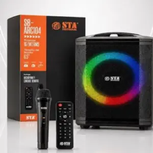 Parlante portátil negro STA de 6.5 pulgadas con aro LED multicolor, micrófono, control remoto y caja original.