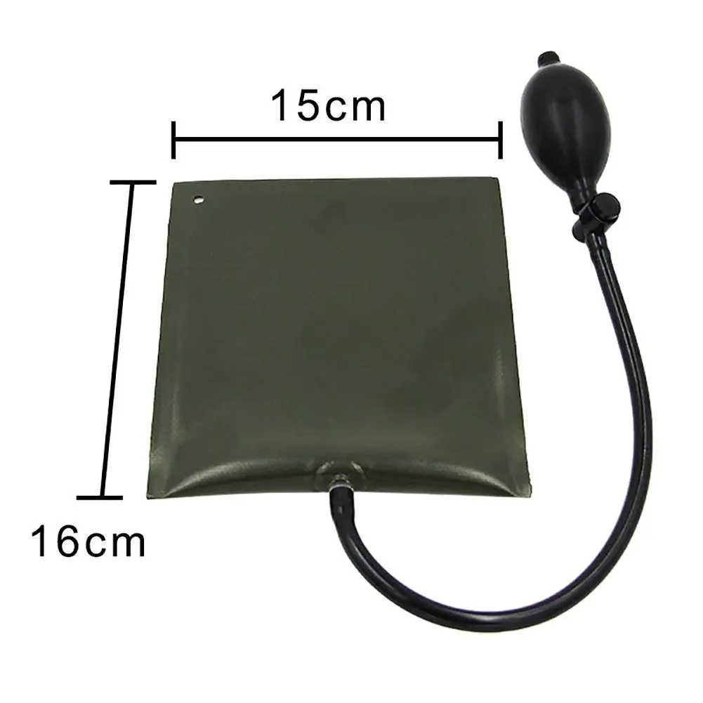 Cuña inflable de aire color verde militar con bomba manual de 15x16 cm para nivelación de puertas y muebles