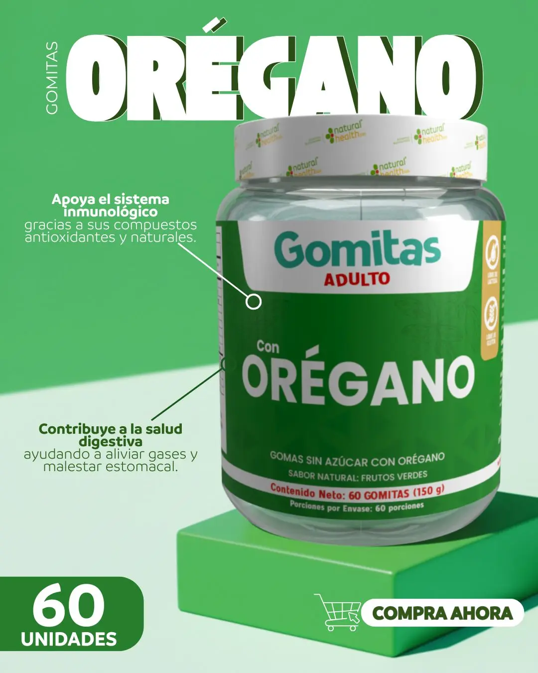 Gomitas masticables de orégano sin azúcar x60 unidades - Fortalecen tu sistema respiratorio y digestivo