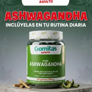 Frasco de gomas con Ashwagandha, presentación de 60 unidades, sabor frutos verdes, colocado sobre una base de mármol con raíces y hojas.