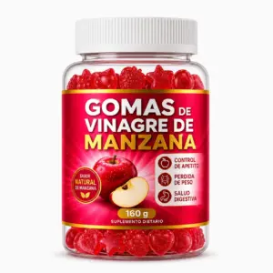 Frasco transparente de gomas masticables de vinagre de manzana sabor frutal, tapa blanca y etiqueta roja con manzana. 160 g.