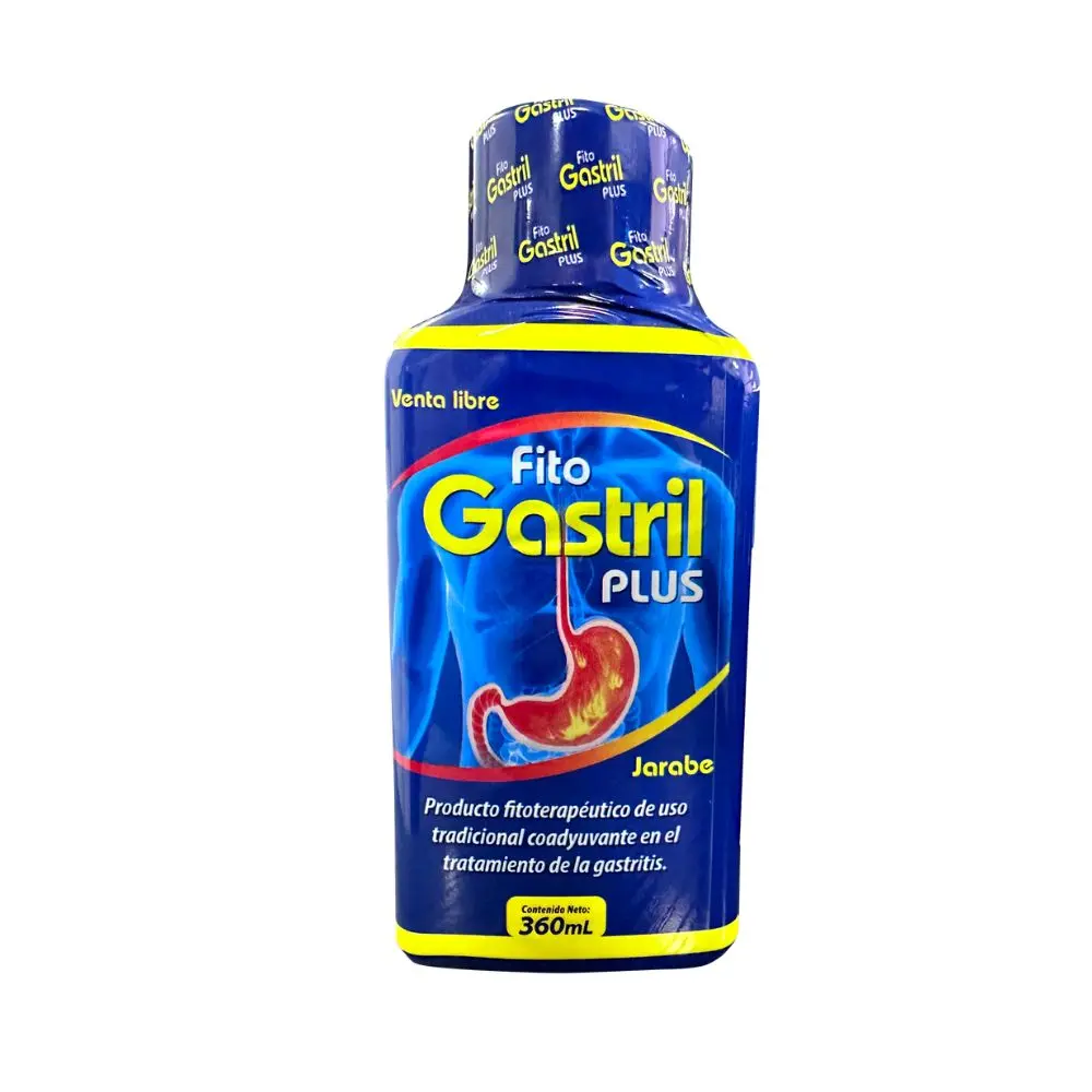 Botella azul de Jarabe Fito Gastril Plus de 360 ml para gastritis, con de estómago y detalles en amarillo.