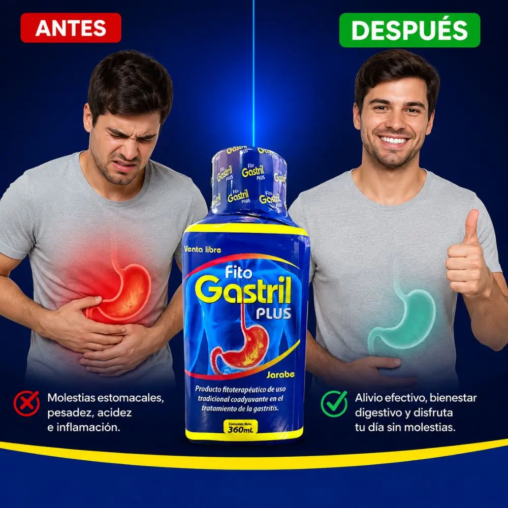 Jarabe Fito Gastril Plus de 360 ml en frasco azul. Comparativa de alivio para acidez e inflamación estomacal, del malestar al bienestar digestivo.