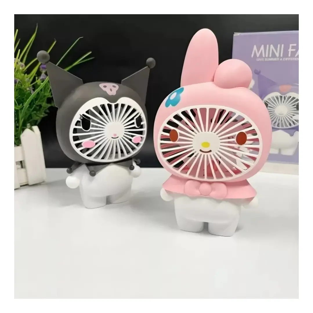 Ventilador de mano USB compacto mostrando la base de apoyo y botón de velocidades