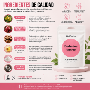 Parches transdérmicos de berberina con extractos naturales y vitaminas en empaque rosa de 30 unidades para metabolismo.