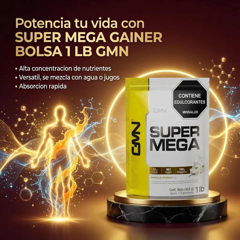 Suplemento en polvo Super Mega Gainer GMN de 1 lb sobre pedestal, empaque amarillo y blanco con fondo de energía dorada y silueta humana.