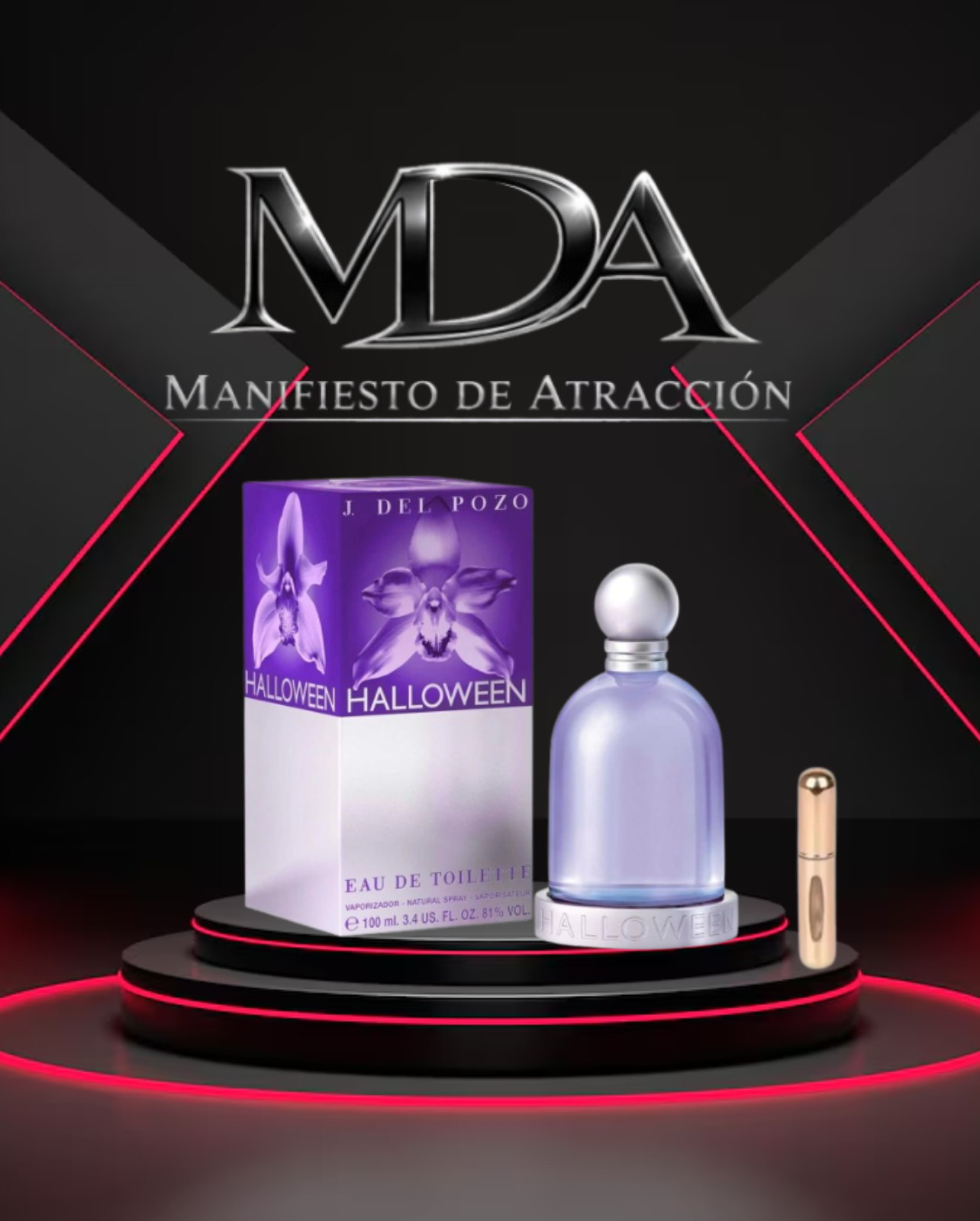Perfume Halloween 100 ml con atomizador y miniversion dorada sobre base negra iluminada con luz roja.