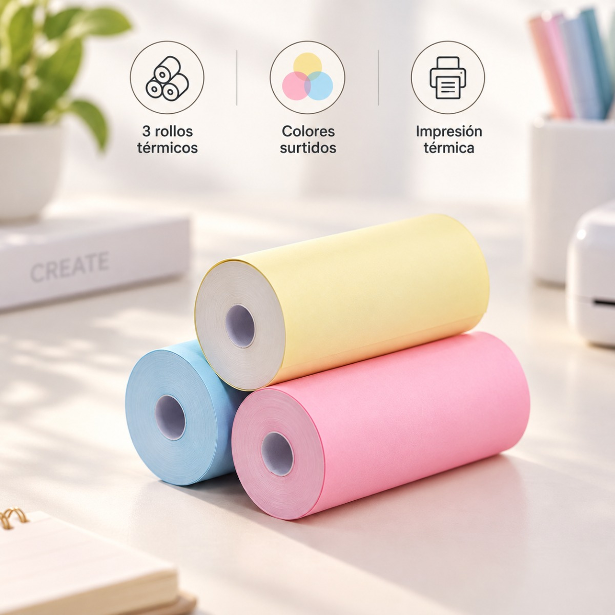 Tres rollos de papel térmico adhesivo en colores amarillo, rosa y azul claro, dispuestos sobre un escritorio blanco.
