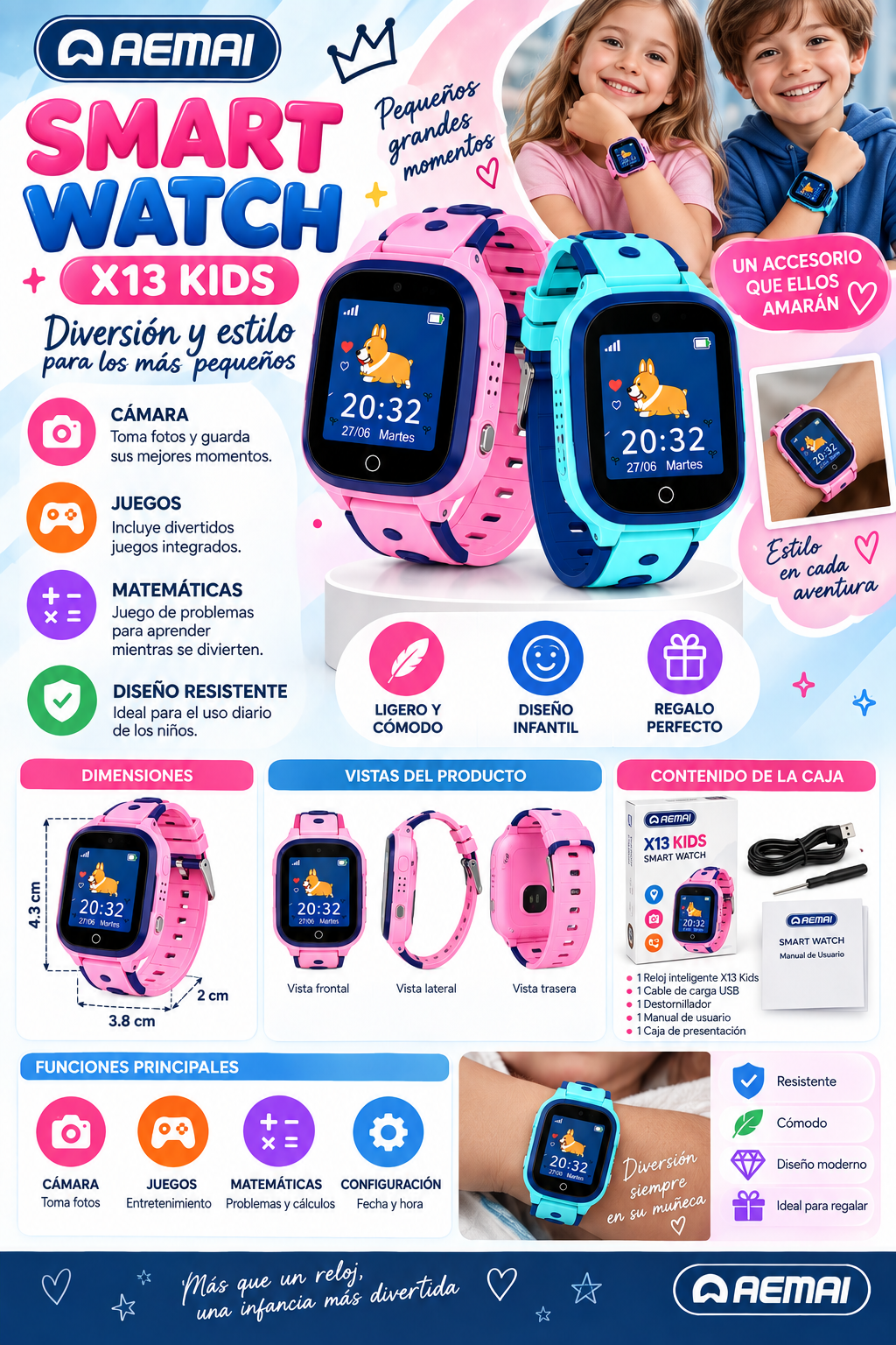 Reloj inteligente infantil X13Kids con juegos y cámara - Mantén a los niños entretenidos y aprendiendo todos los días