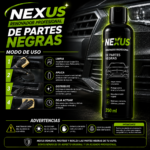 Botella negra de renovador de partes negras Nexus de 250 mililitros junto a instrucciones de uso y vehículo de fondo.