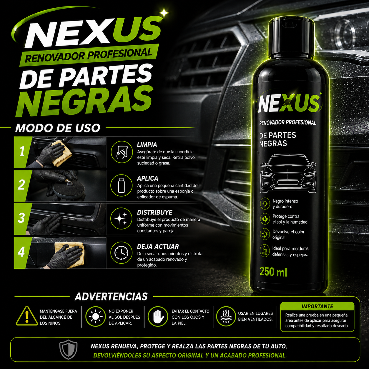 Botella negra de renovador de partes negras Nexus de 250 mililitros junto a instrucciones de uso y vehículo de fondo.