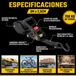 Correa retractil de trinquete para carga de 3 m - Asegura equipaje y bicicletas sin enredos - Imagen 2