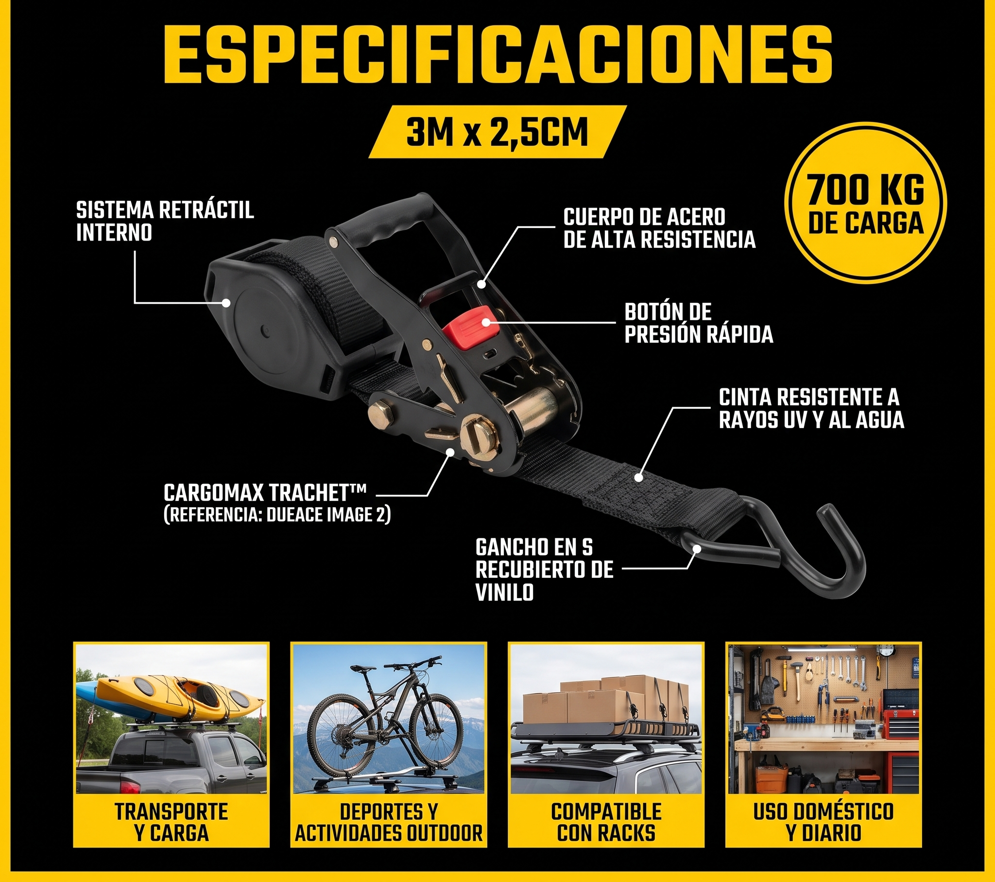Correa retractil de trinquete para carga de 3 m - Asegura equipaje y bicicletas sin enredos