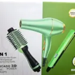 Caja de set capilar 3 en 1 color verde aguacate con secador, plancha y peine alisador profesional para brillo y terapia capilar.