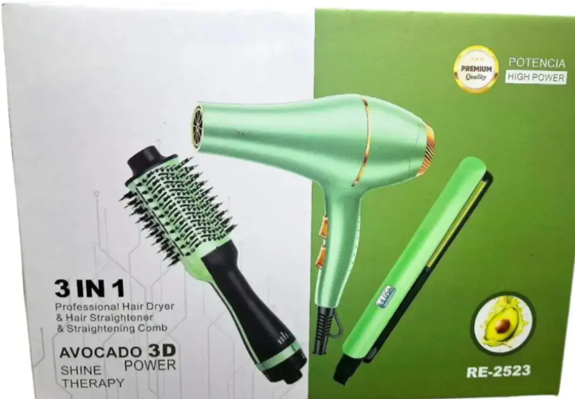 Caja de set capilar 3 en 1 color verde aguacate con secador, plancha y peine alisador profesional para brillo y terapia capilar.