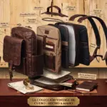 Diagrama de despiece de mochila urbana de cuero marrón, mostrando sus capas internas y compartimentos de estilo vintage sobre un escritorio rústico.