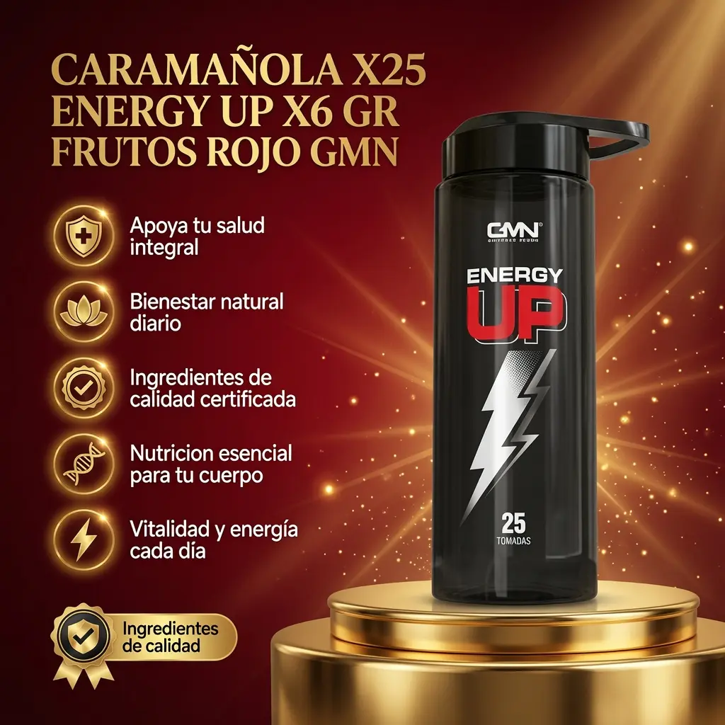Caramañola negra Energy Up de GMN sobre pedestal dorado, con diseño de rayo plateado y texto en rojo, enfocada en nutrición y energía.