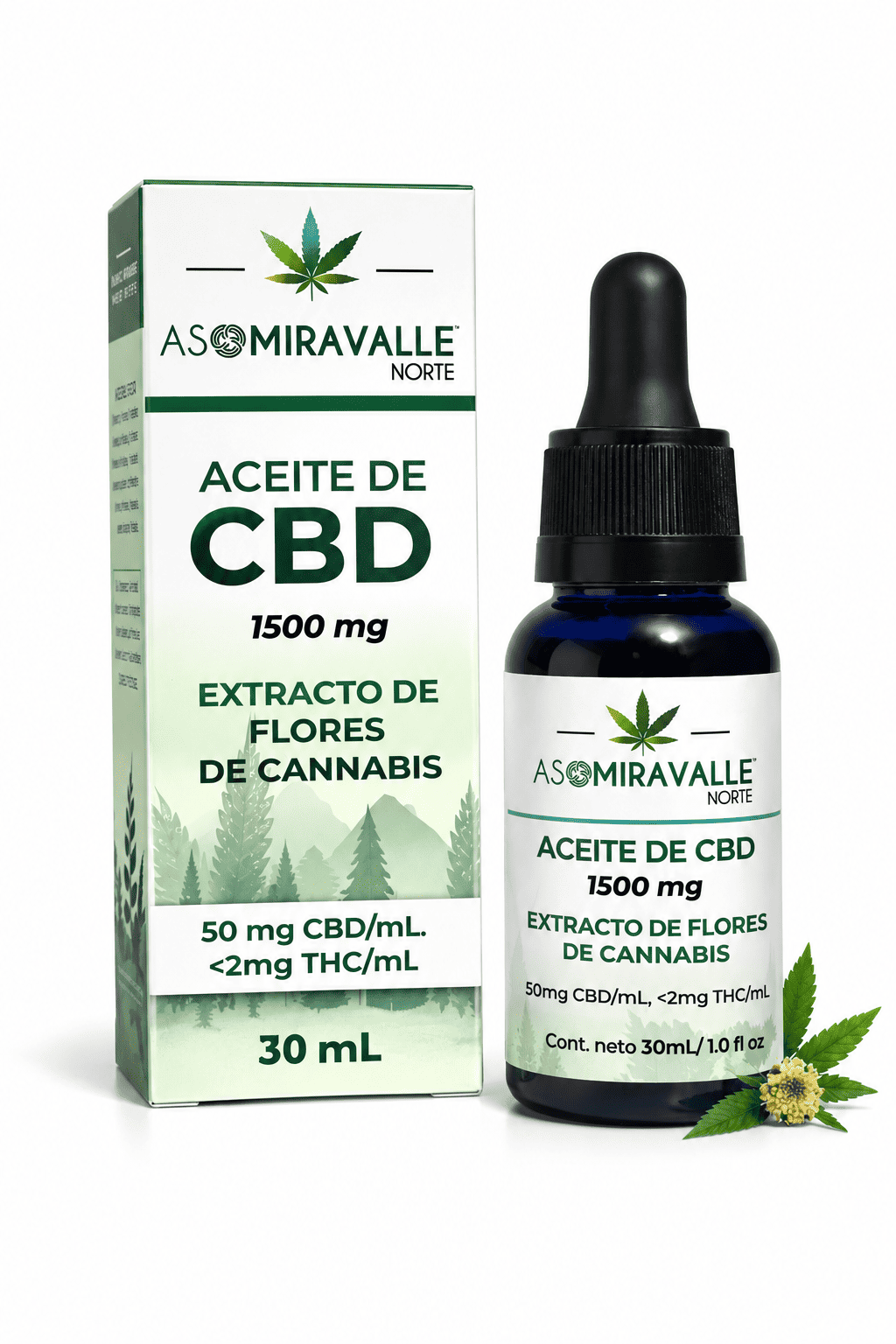 Frasco gotero de vidrio azul con aceite de CBD ASOMIRAVALLES NORTE de 1500 mg, 30 ml, junto a su caja verde con de bosque.