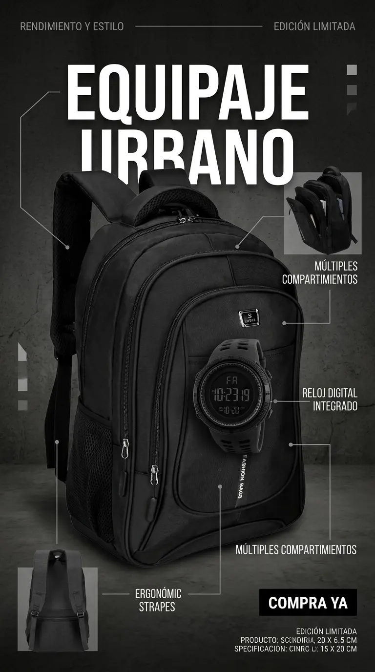 Mochila urbana negra con múltiples compartimentos, correas ergonómicas y reloj digital integrado en el bolsillo frontal.