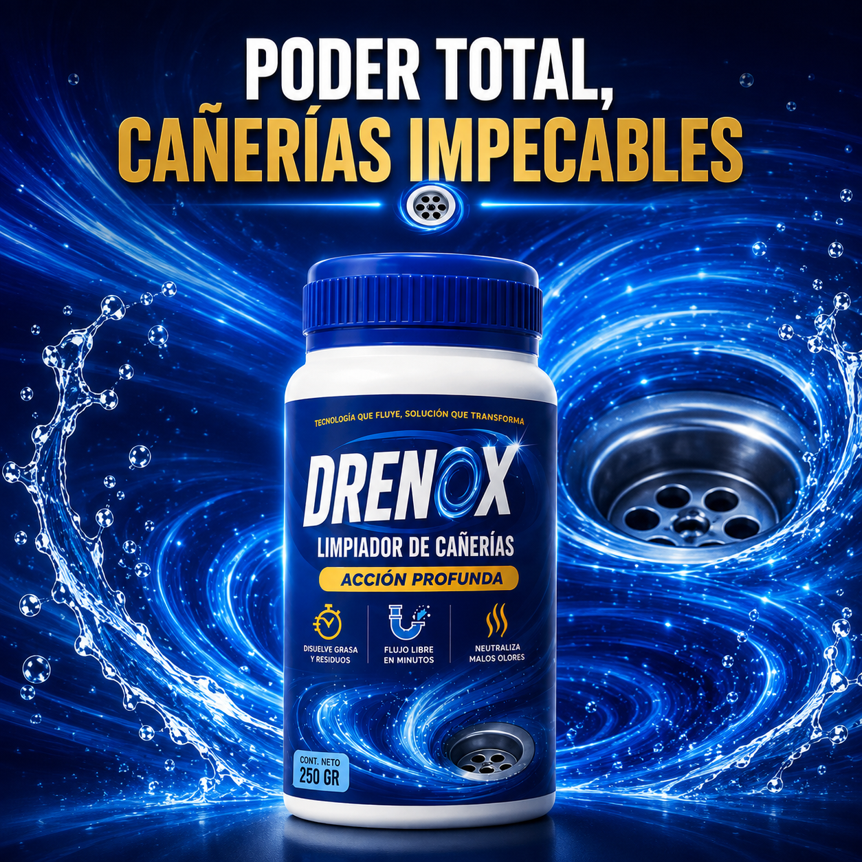 Envase cilíndrico de limpiador de cañerías de 250 g con etiqueta azul y blanca, fondo de remolino de agua brillante y desagüe metálico.