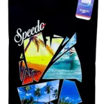 Camiseta negra de algodón para hombre con estampado dividido en fragmentos de playas tropicales, palmeras y surfistas.