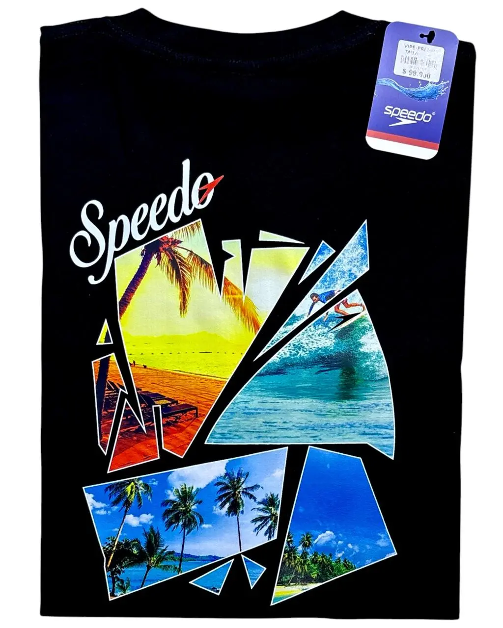 Camiseta negra de algodón para hombre con estampado dividido en fragmentos de playas tropicales, palmeras y surfistas.