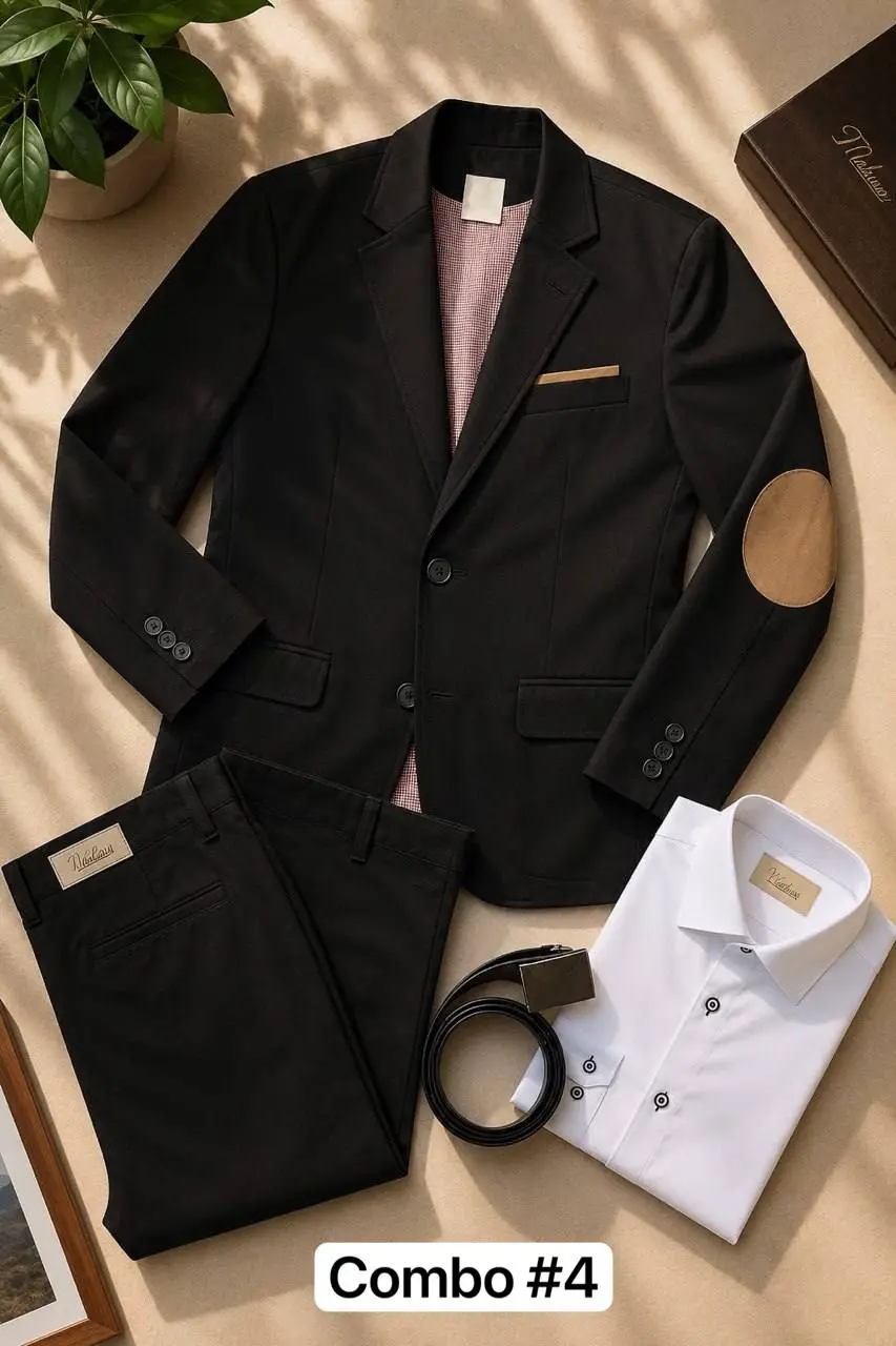 Traje formal infantil negro con blazer coderas marrón, camisa blanca, pantalón y correa. Ideal para eventos especiales.