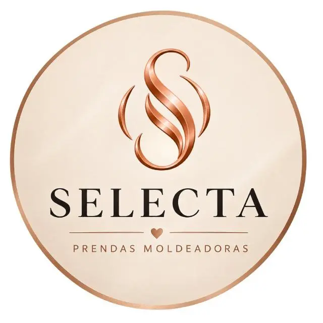 Logo circular de Selecta Prendas Moldeadoras en tonos beige y oro rosa con monograma S estilizado y tipografía negra.