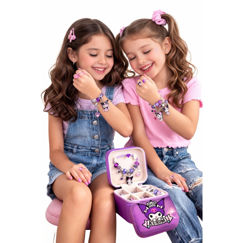 Kit de pulseras Kuromi con dijes infantiles y caja organizadora - Fomenta la creatividad mientras mantiene los accesorios ordenados