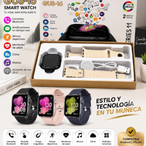 Smartwatch Series 11 con pantalla AMOLED, incluye caja, cargador magnético y dos correas beige. Muestra tres relojes en negro, rosa y azul oscuro.