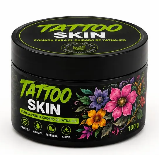 Tarro negro de 100 g de pomada Tattoo Skin con diseño floral colorido y letras verde neón para el cuidado de tatuajes