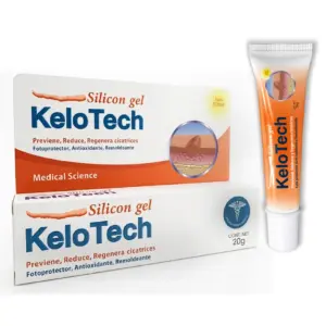 Tubo de gel de silicona Kelotech de 20 g con caja blanca y naranja, diseñado para prevenir y reducir cicatrices.