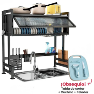 Escurridor de platos negro sobre fregadero con tapa protectora, incluye kit de regalo con tabla azul, cuchillo y pelador.