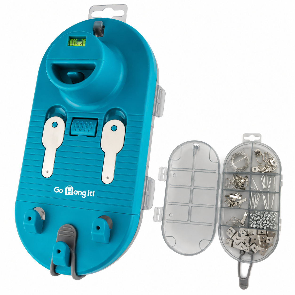 Kit azul turquesa para colgar cuadros con nivel de burbuja incorporado y organizador transparente abierto con 85 herrajes metálicos variados.
