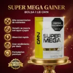Suplemento en polvo GMN Super Mega Gainer sabor vainilla gourmet, bolsa de 1 lb sobre pedestal dorado con fondo rojo y destellos.