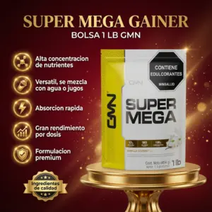 Suplemento en polvo GMN Super Mega Gainer sabor vainilla gourmet, bolsa de 1 lb sobre pedestal dorado con fondo rojo y destellos.