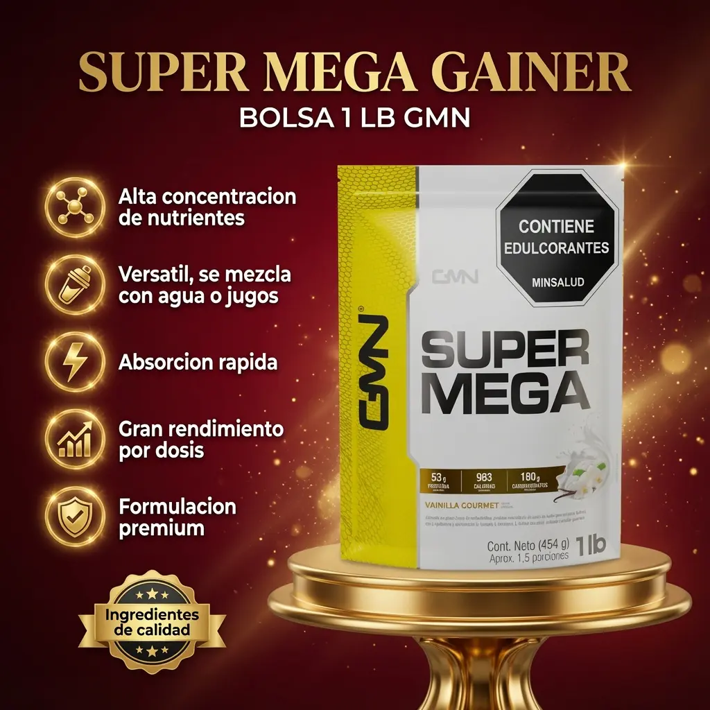 Suplemento en polvo GMN Super Mega Gainer sabor vainilla gourmet, bolsa de 1 lb sobre pedestal dorado con fondo rojo y destellos.
