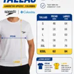 Guía de tallas para camisetas Speedo y Columbia, con tabla de medidas en centímetros para pecho y largo desde la talla S hasta la XXXL.