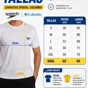 Guía de tallas para camisetas Speedo y Columbia, con tabla de medidas en centímetros para pecho y largo desde la talla S hasta la XXXL.