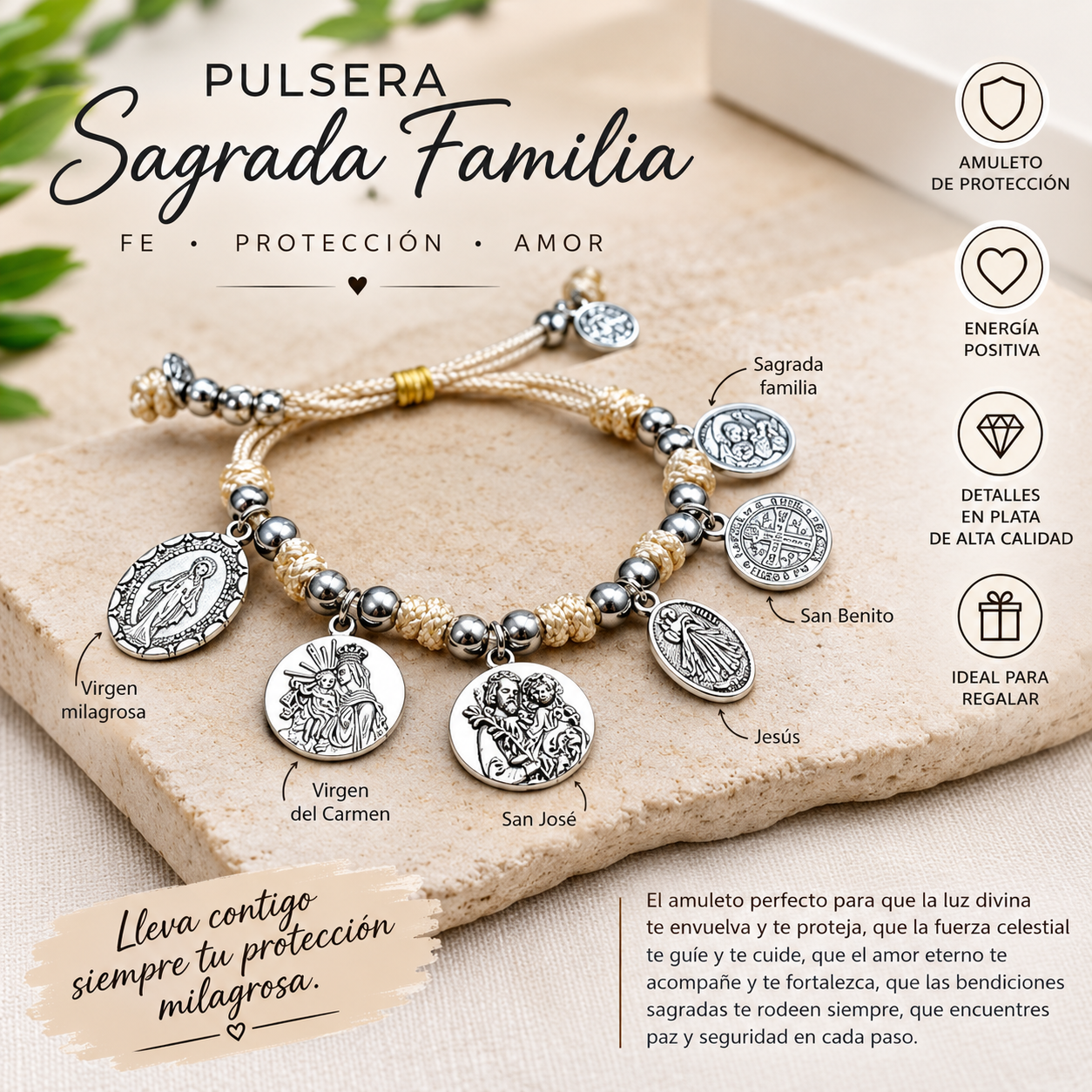 Pulsera de hilo beige con dijes plateados de santos y la Sagrada Familia, dispuesta sobre una piedra clara, ideal como amuleto de protección religiosa.