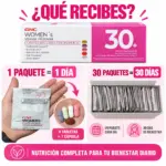 Suplemento GNC Women's Vitapack en 30 sobres diarios. Cada sachet contiene 4 tabletas y 1 cápsula para nutrición completa durante 30 días.
