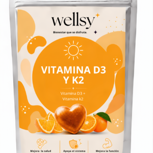 Bolsa metalizada con gomas masticables sabor naranja para huesos y sistema inmune, 120 unidades de vitamina D3 y K2.
