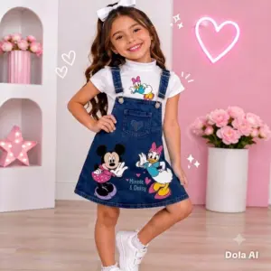 Niña sonriente posa con conjunto de jardinera en jean azul oscuro y blusa blanca de manga corta con estampados de Disney.
