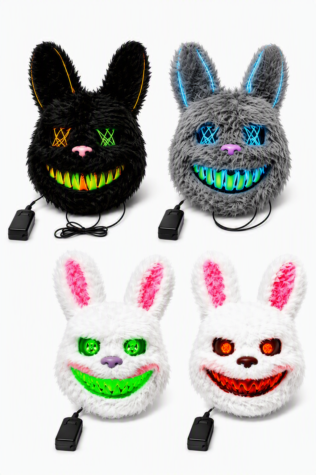 Cuatro máscaras de conejo de peluche con luces LED en ojos y sonrisa terrorífica, en colores negro, gris, blanco con verde y blanco con rojo.